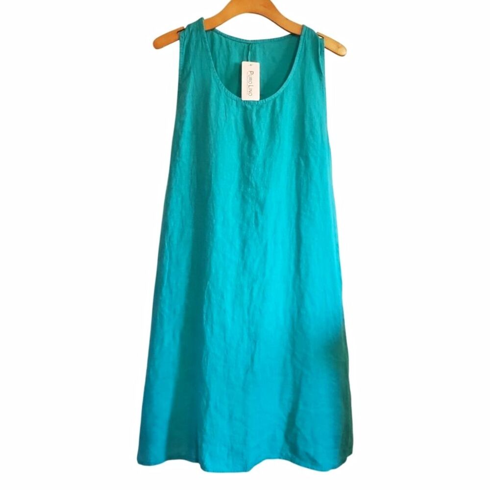 Puro Lino Women's turquoise Linen Tank Dress Lagenlook Coastal Boho Italy Size M